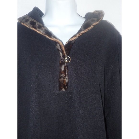 Wooly Bully Fleece pull over Hooded Top Women XL Button Neck Black faux fur trim - Picture 3 of 7